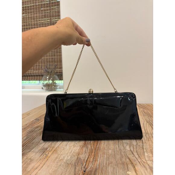 Vintage Black Patent Leather Clutch Purse with Gold Chain & Bow Accent - Picture 1 of 8